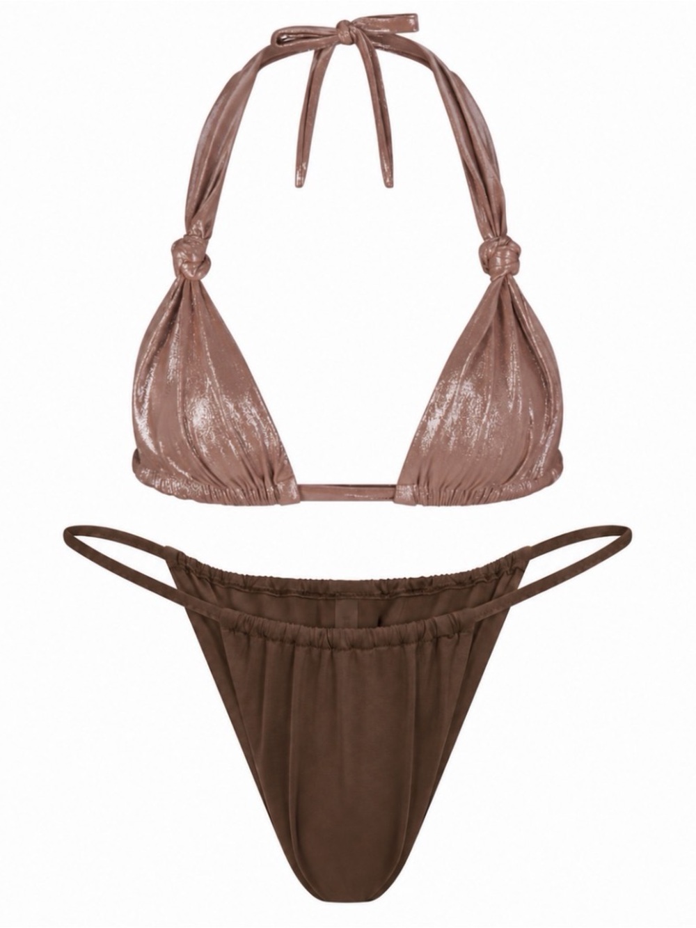 NWT SKIMS Swim Liquid Shine Triangle Bikini Top with Cocoa String Bikini Bottoms